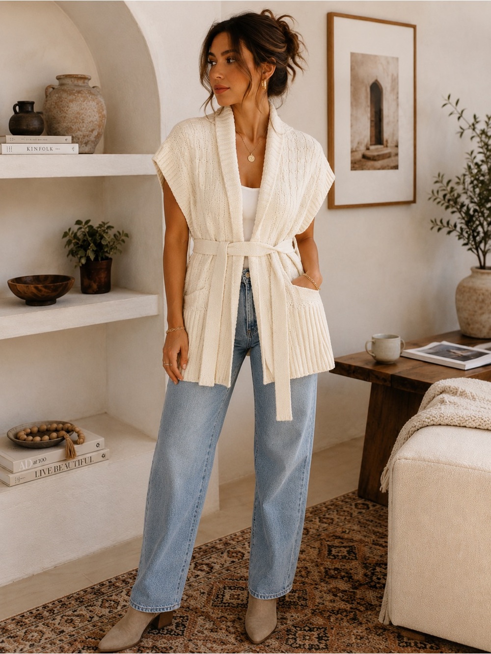Zara Knit Cream‎ Cable Belted Cardigan Sweater Vest Women's Medium Boho